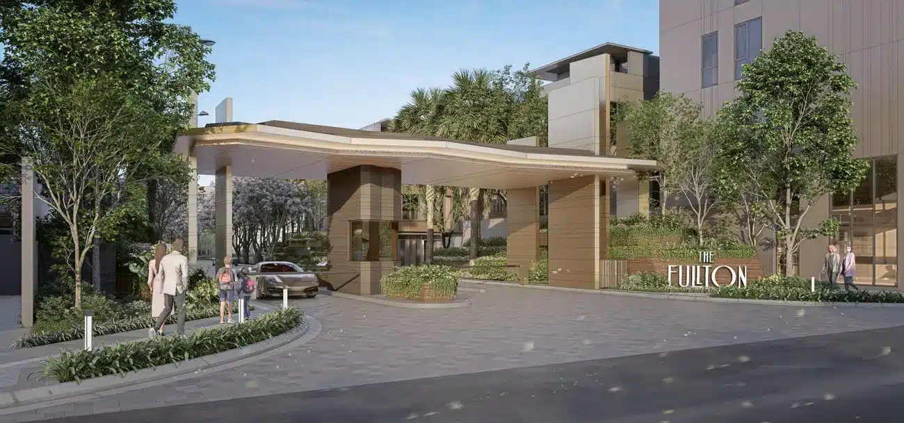 Cổng chào dự án The Fullton tại Vinhomes Ocean Park 3 – không gian sống hiện đại, xanh mát.