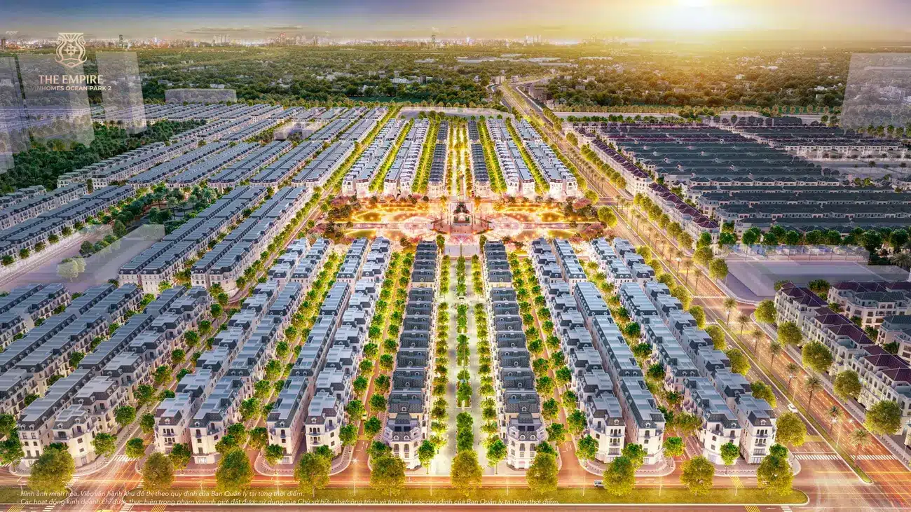 Phối cảnh tổng thể phân khu The Fullton tại Vinhomes Ocean Park 3 – The Crown, với thiết kế hiện đại và không gian sống xanh.