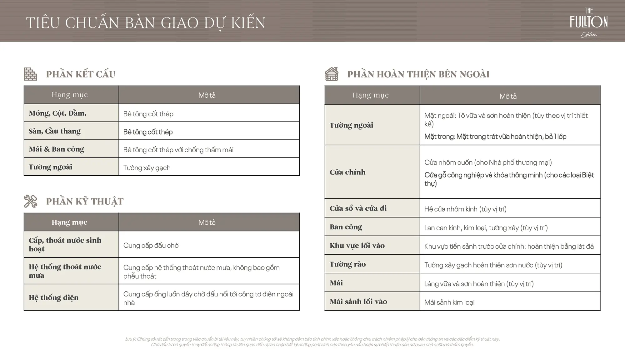 Bảng tiêu chuẩn bàn giao dự kiến cho sản phẩm phân khu The Fullton Edition thuộc dự án The Fullton Bảng tiêu chuẩn bàn giao dự kiến cho sản phẩm phân khu The Fullton Edition thuộc dự án The Fullton