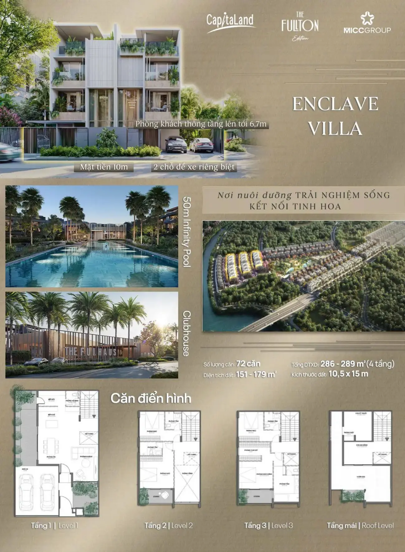 Biệt thự cao cấp Enclave Villa, thiết kế hiện đại với 4 tầng, diện tích từ 151–179 m², tọa lạc tại trung tâm phía Tây Hà Nội.