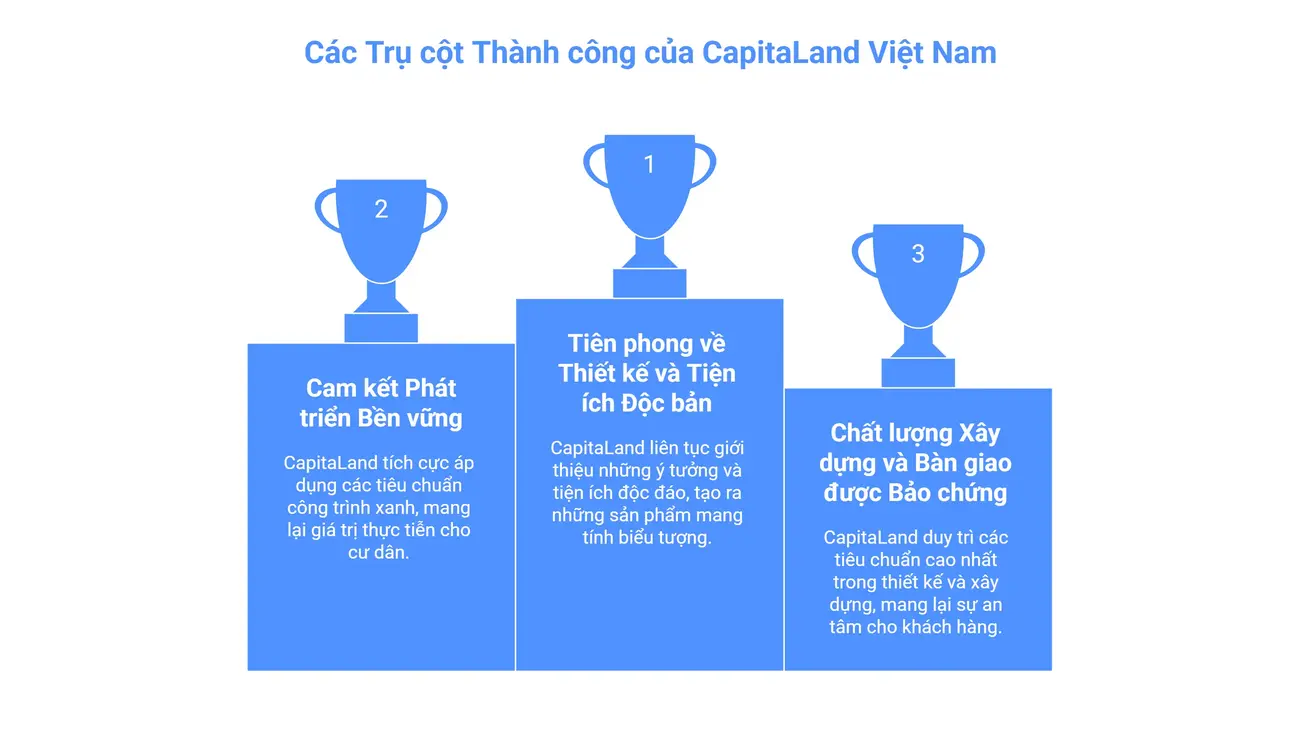 Các trụ cột thành công của CapitaLand: Tiên phong thiết kế, cam kết bền vững và chất lượng được bảo chứng.