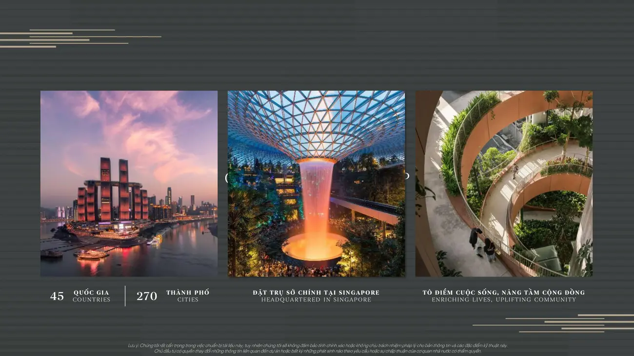 Mạng lưới toàn cầu của CapitaLand: 45 quốc gia, 270 thành phố, trụ sở chính tại Singapore. Enriching Lives, Uplifting Community.