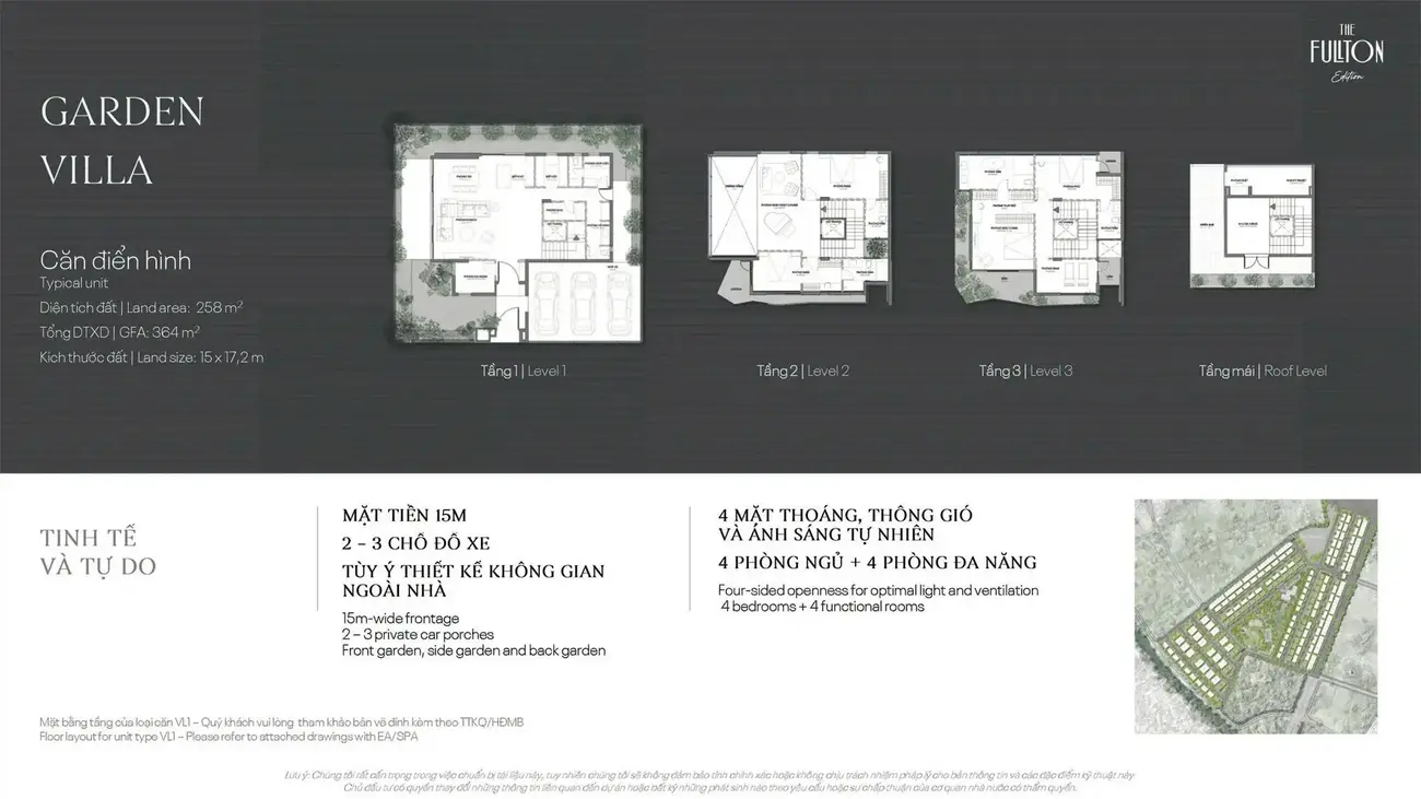 Mặt bằng Garden Villa The Fullton: Diện tích đất 258 m², 4 phòng ngủ, thiết kế thông thoáng, tùy biến không gian linh hoạt.