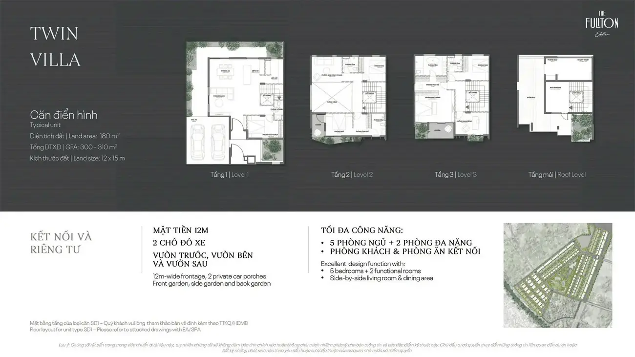 Mặt bằng Twin Villa The Fullton: mặt tiền 12m, 5 phòng ngủ, garage 2 chỗ, tối đa công năng cùng không gian xanh riêng tư.