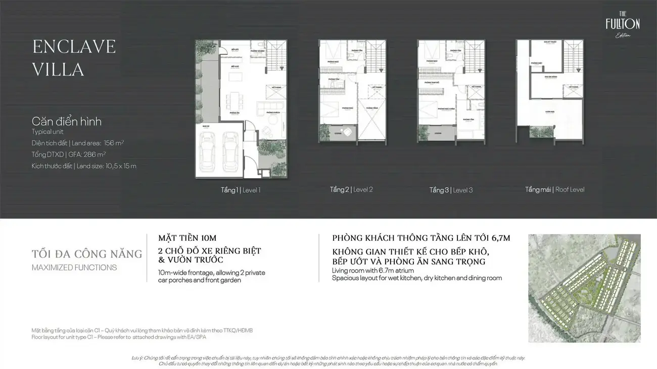 Thiết kế biệt thự Enclave Villa với mặt tiền 10m, phòng khách thông tầng 6,7m, tối ưu không gian sống.