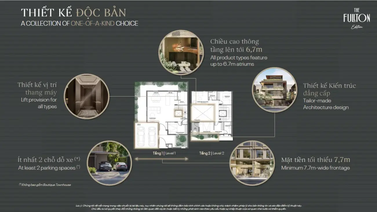 Thiết kế độc bản tại biệt thự The Fullton: chiều cao thông tầng 6,7m, kiến trúc đẳng cấp, vị trí thang máy, ít nhất 2 chỗ đỗ xe.