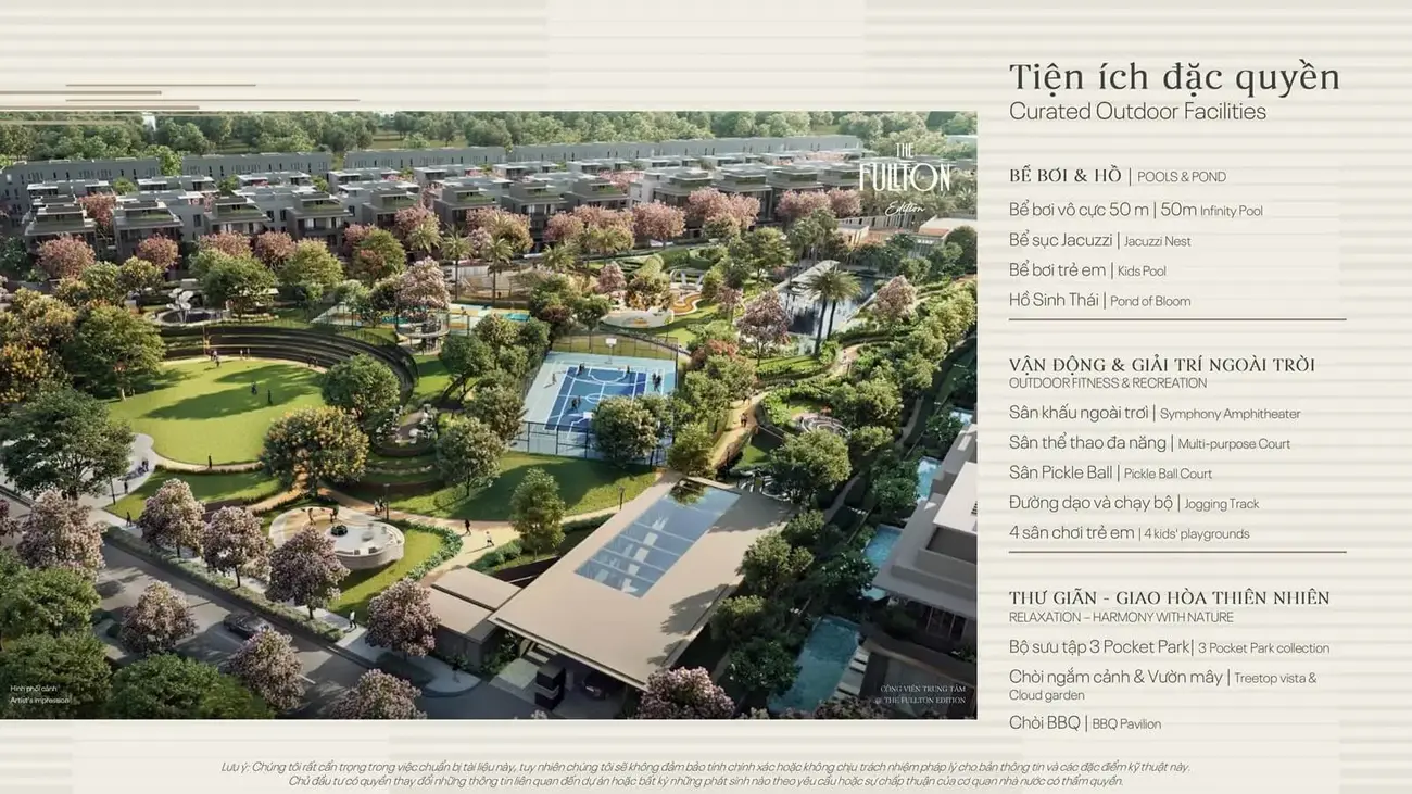 Tiện ích đẳng cấp tại dự án The Fullton: bể bơi vô cực, sân thể thao, vườn thiền, phù hợp tiêu chuẩn quốc tế và văn hóa Việt Nam.