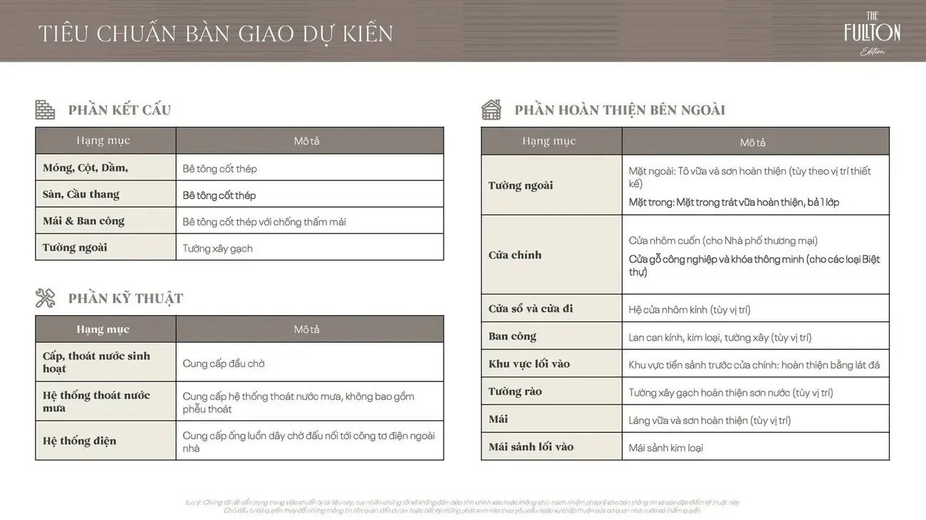 Tiêu chuẩn bàn giao dự kiến của dự án The Fullton với chất liệu và hạng mục hoàn thiện cao cấp.