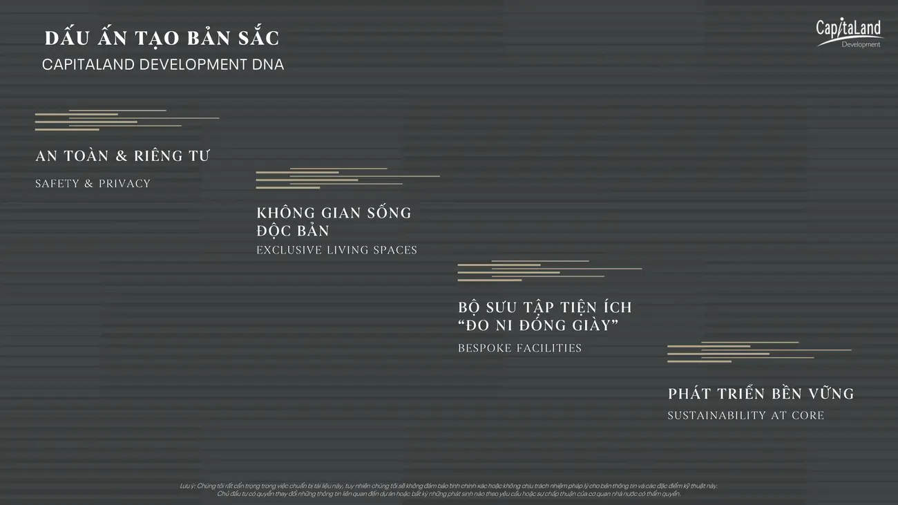 Triết lý phát triển của CapitaLand Development: An toàn, không gian sống độc bản, tiện ích tùy chỉnh và phát triển bền vững.
